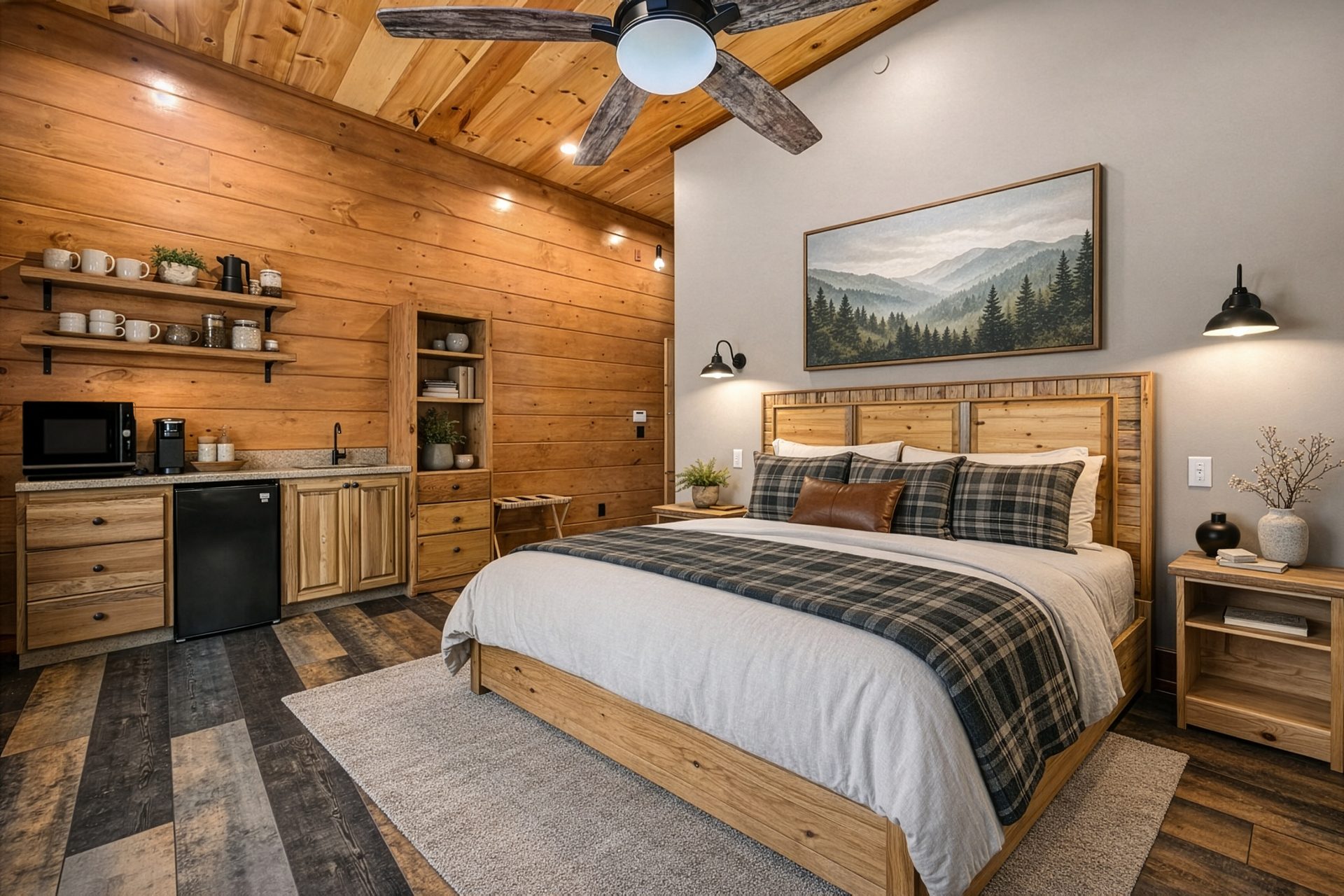 Same cabin bedroom after Vantage restaging  - plaid accent bedding, mountain landscape art, curated open shelving, leather accent pillows, cohesive luxury design