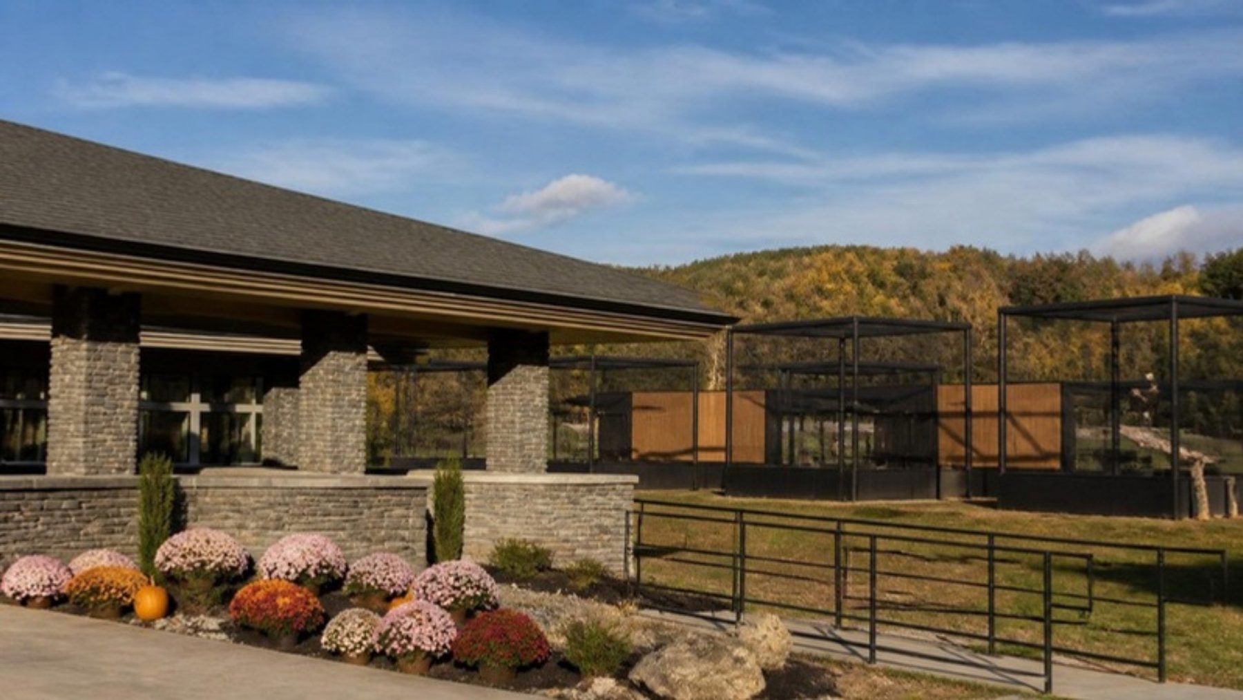 American Eagle Foundation visitor building with stone columns and autumn mums beside a row of open-air aviaries in the Kodak foothills