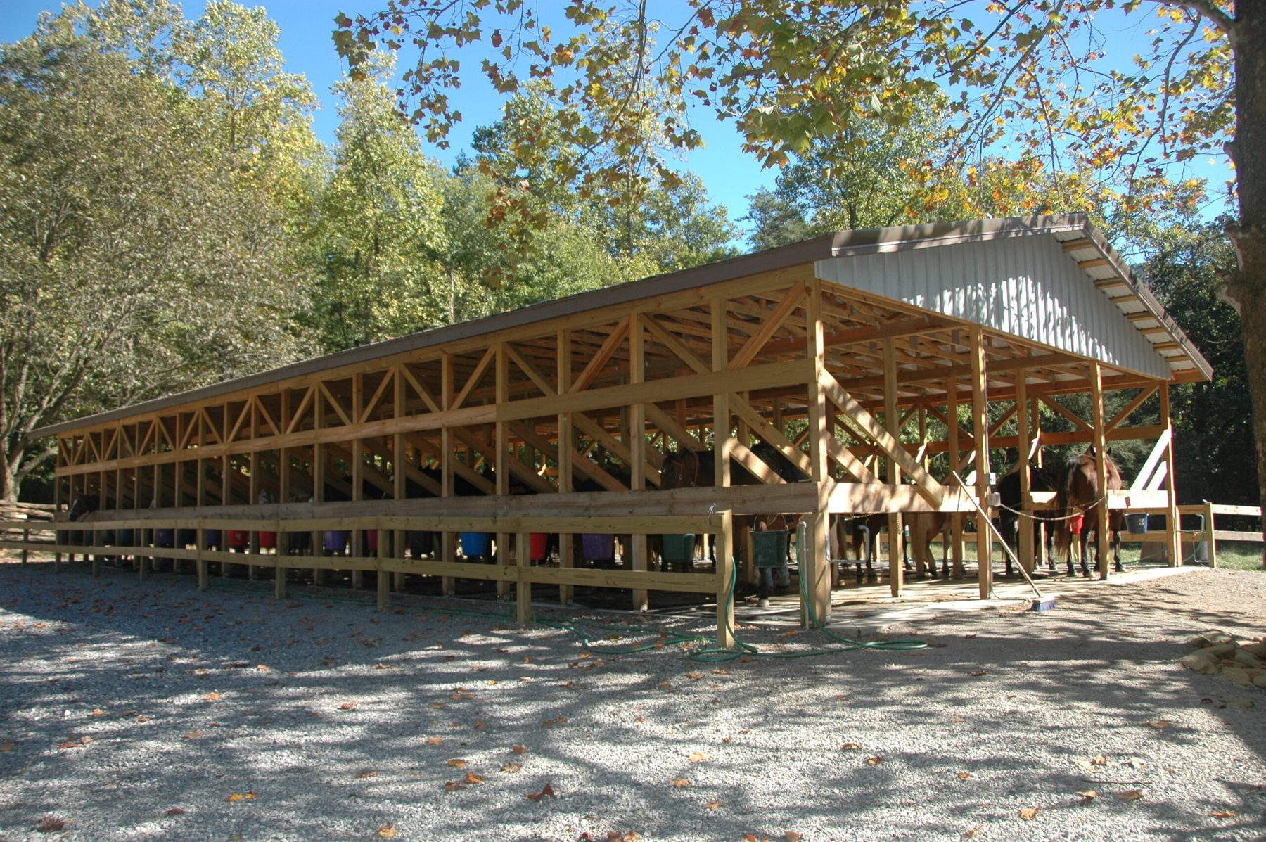 Open-sided timber horse barn under shade trees at Cades Cove Riding Stables