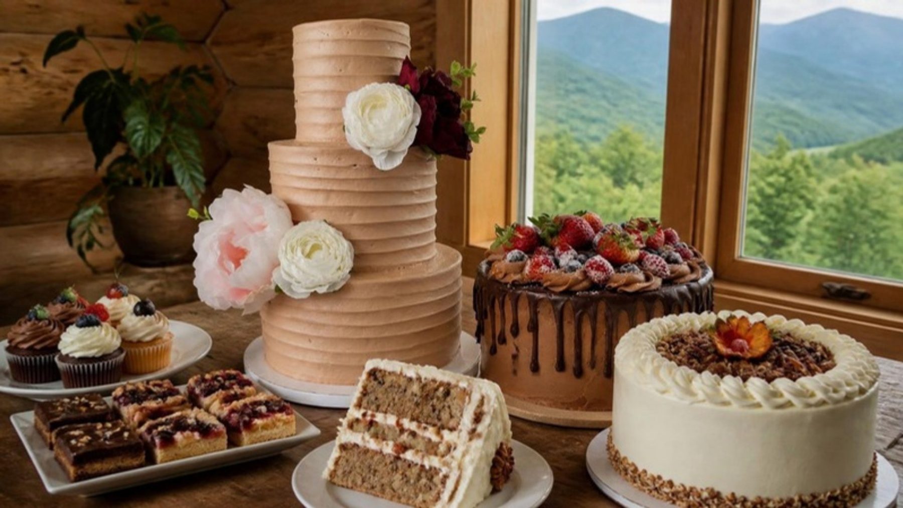 Tiered floral buttercream cake, berry-topped chocolate drip cake and frosted layer cakes on a rustic table in a mountain-view cabin kitchen