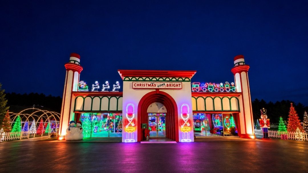 Christmas Done Bright store front in Sevierville lit with neon nutcrackers and holiday light displays at night