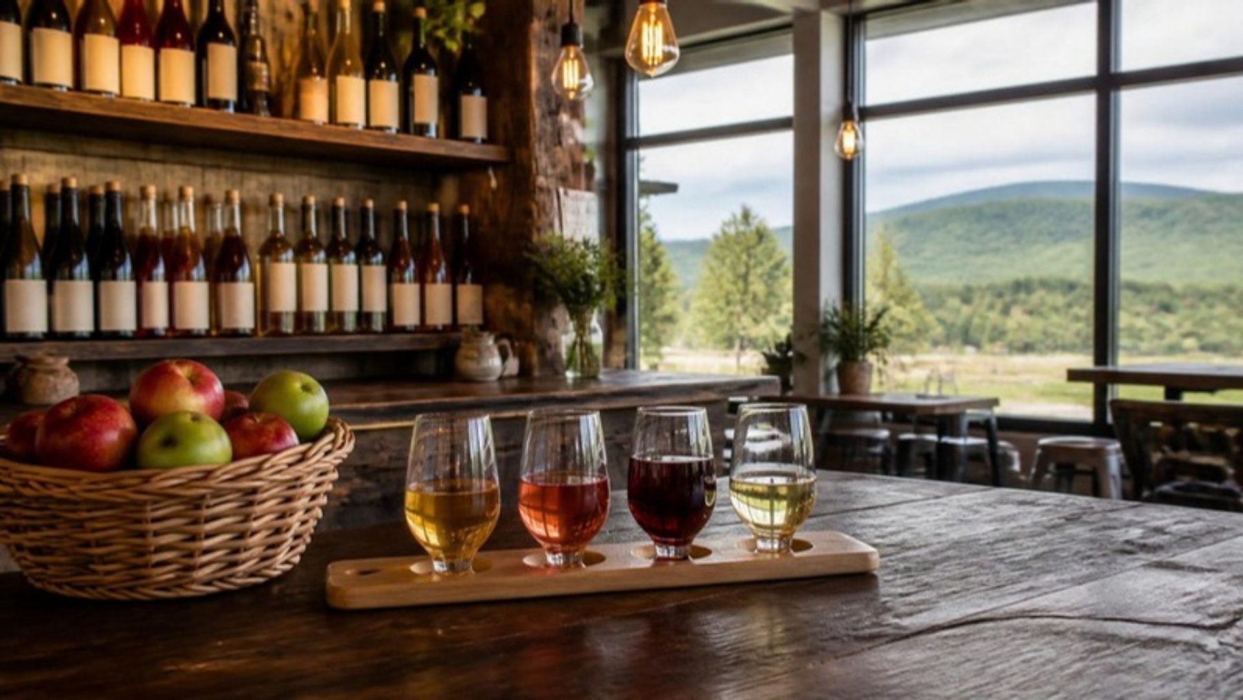 Tasting flight of cider and wine on a wooden bar with a basket of apples and bottle shelves, foothills through the windows