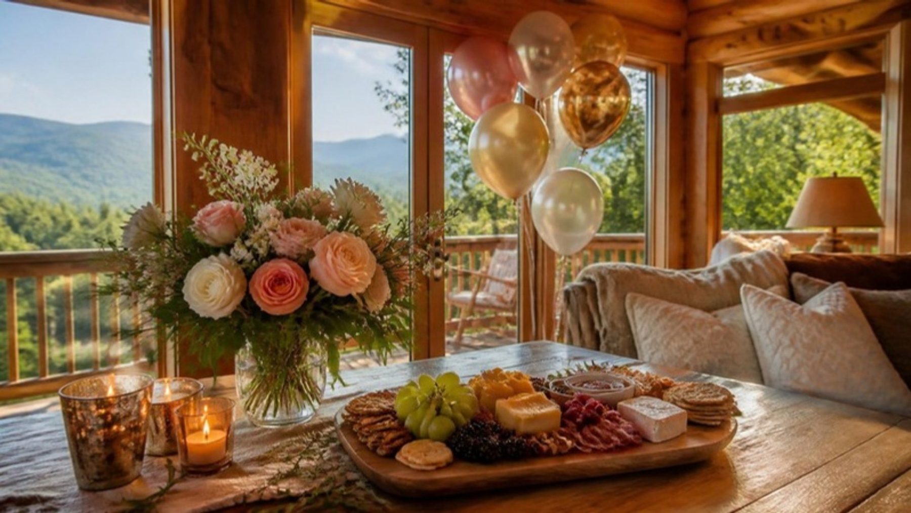 Floral arrangement, charcuterie board, candles and balloons set up on a table in a log cabin with mountain views