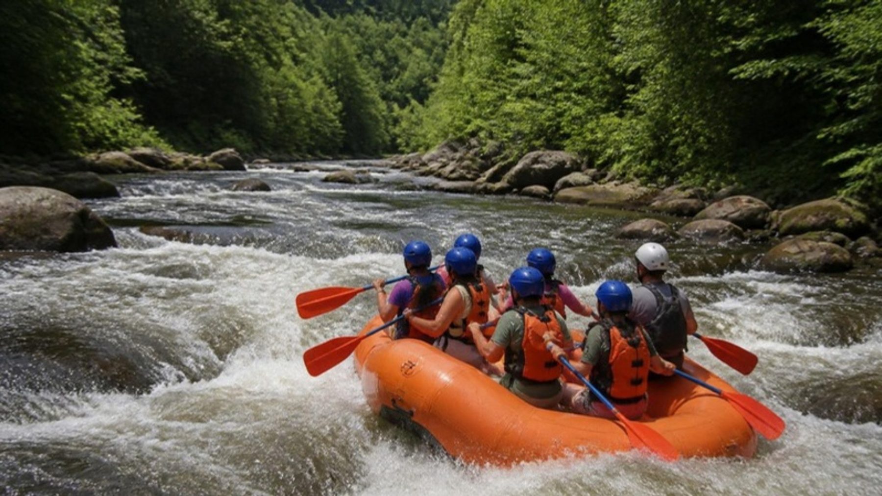 Orange raft with helmeted paddlers running white rapids on the Pigeon River between boulders and green forested banks