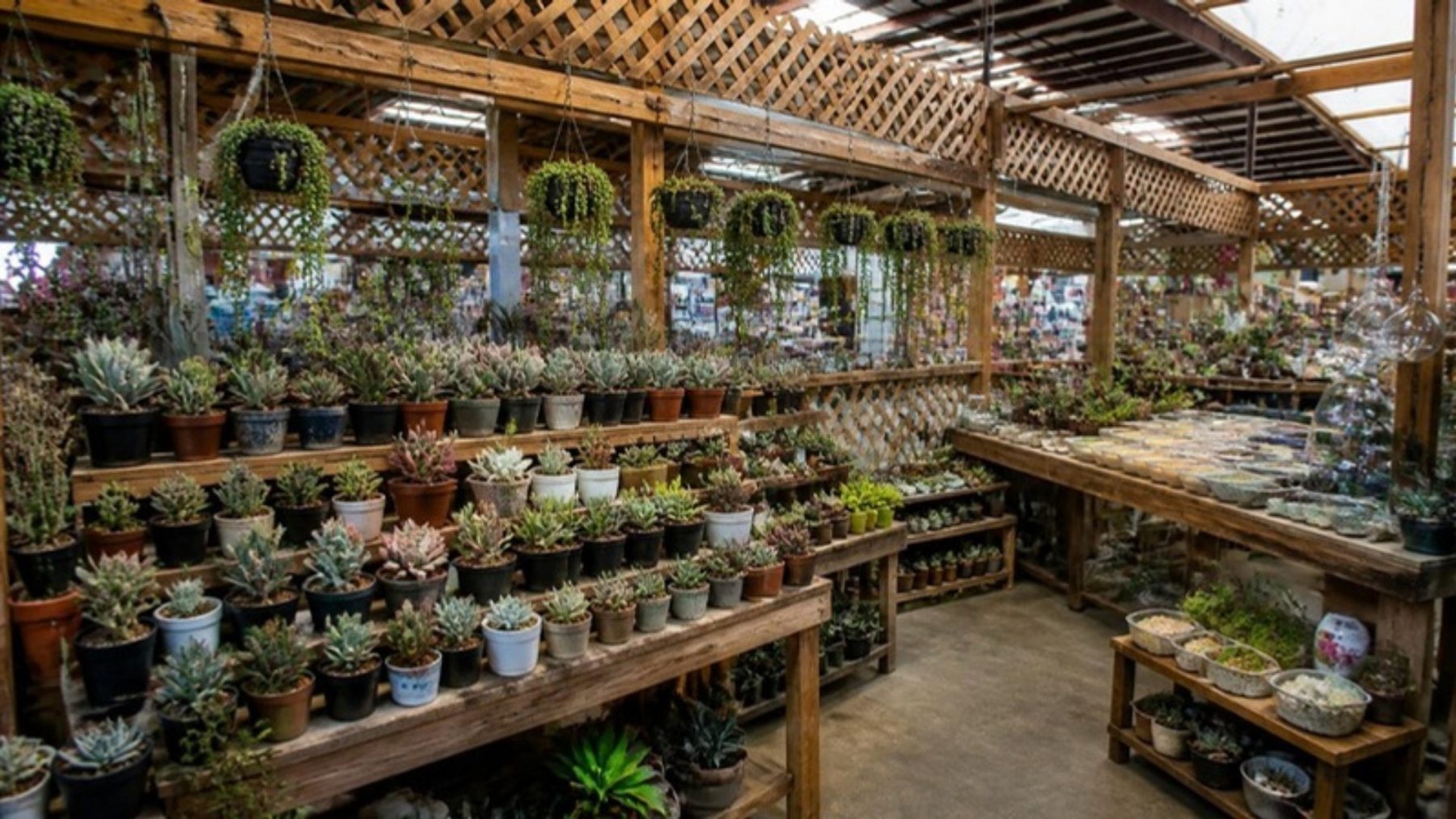 Plant booth with tiered benches of potted succulents and cacti and hanging trailing plants under a wooden lattice ceiling in an indoor flea market