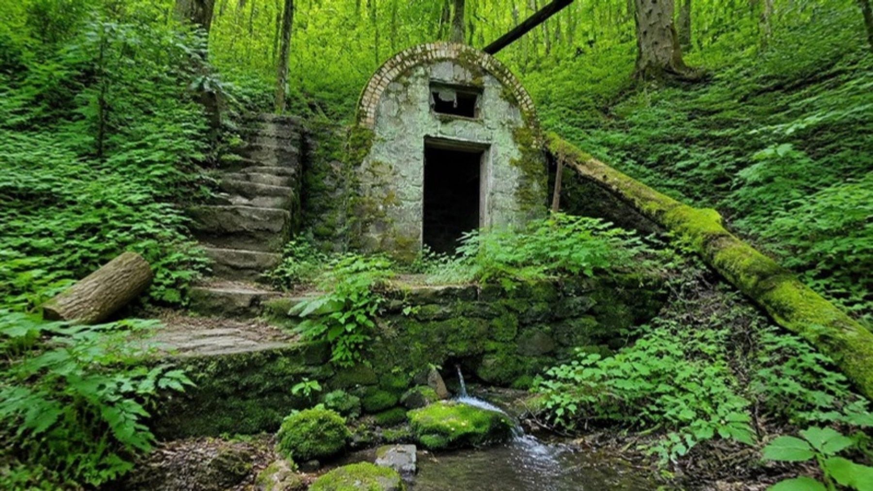 Moss-covered arched stone springhouse set into a wooded hillside, with mossy stone steps and a spring stream in front