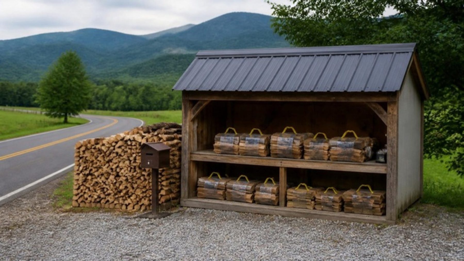 A roadside self-serve firewood stand with a metal roof, shelves of wrapped firewood bundles and a stacked woodpile, with mountains behind