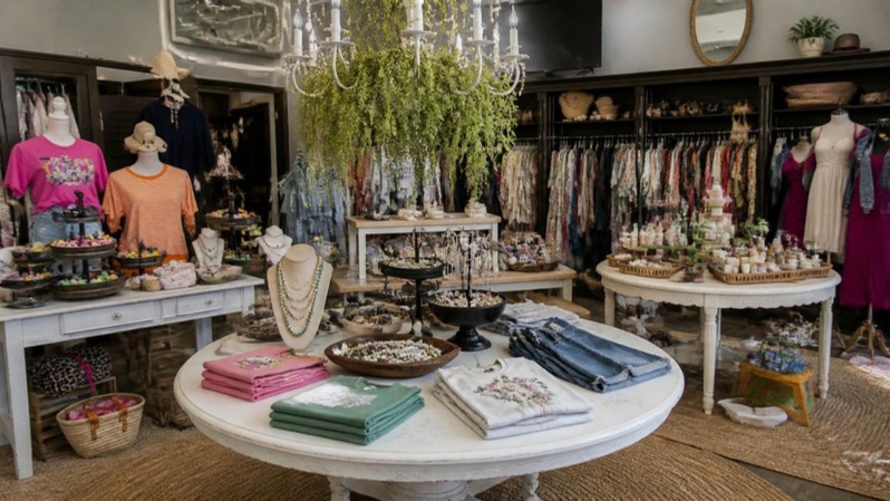 Bright boutique interior with white round display tables of folded tops and jewelry, a greenery-draped chandelier, and racks of colorful clothing