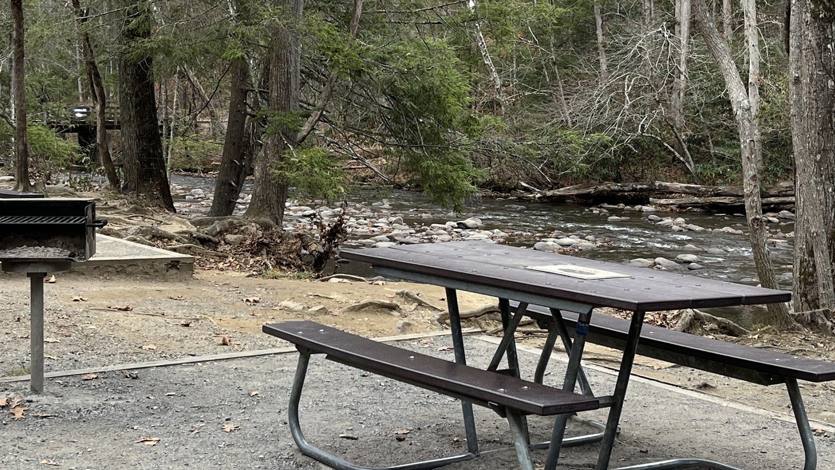 Picnic table and grill beside the Little River at Metcalf Bottoms Picnic Area