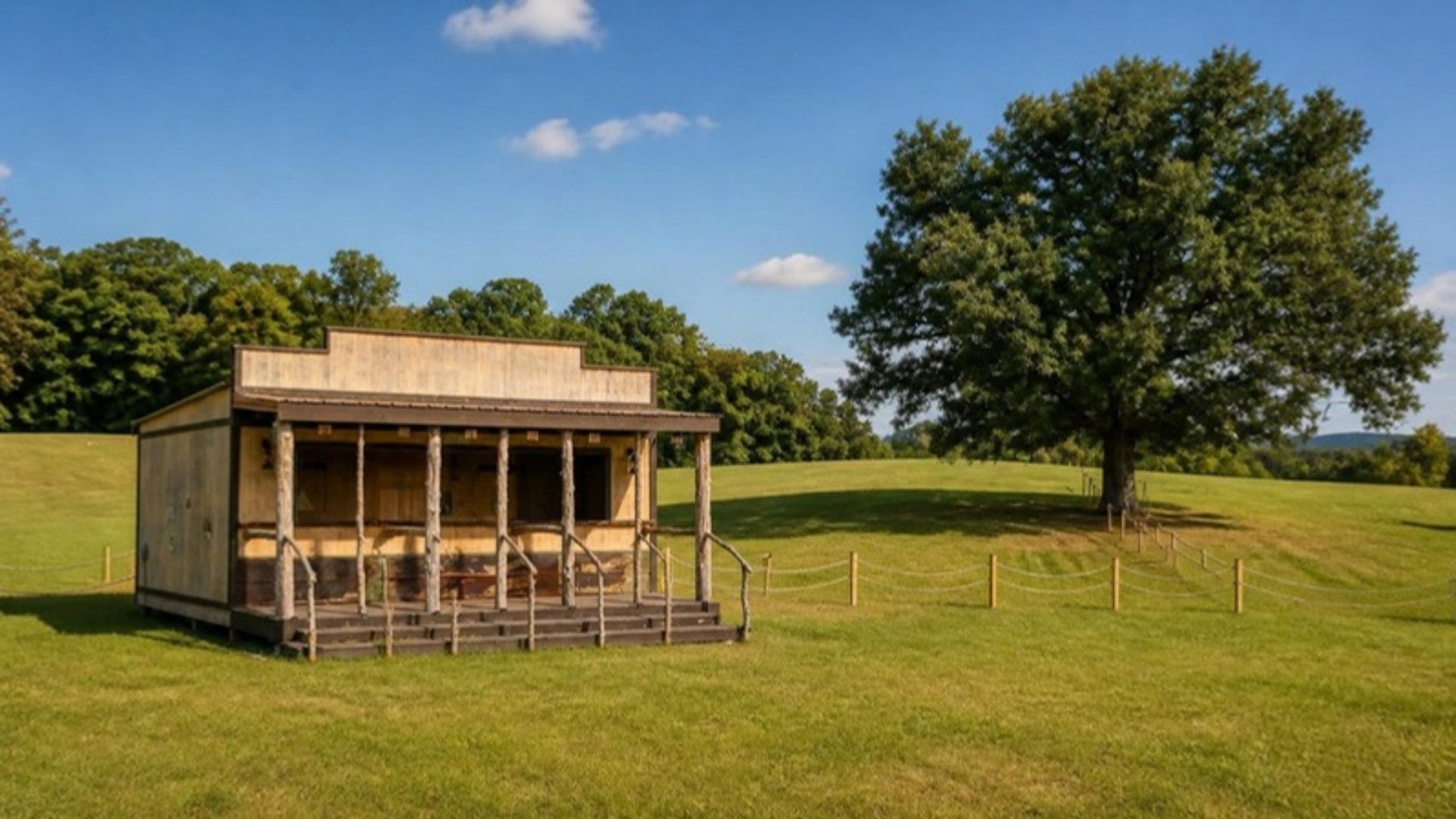 A rustic frontier-style wooden stage building on a wide mowed lawn beside a large oak tree, with rolling tree lines behind