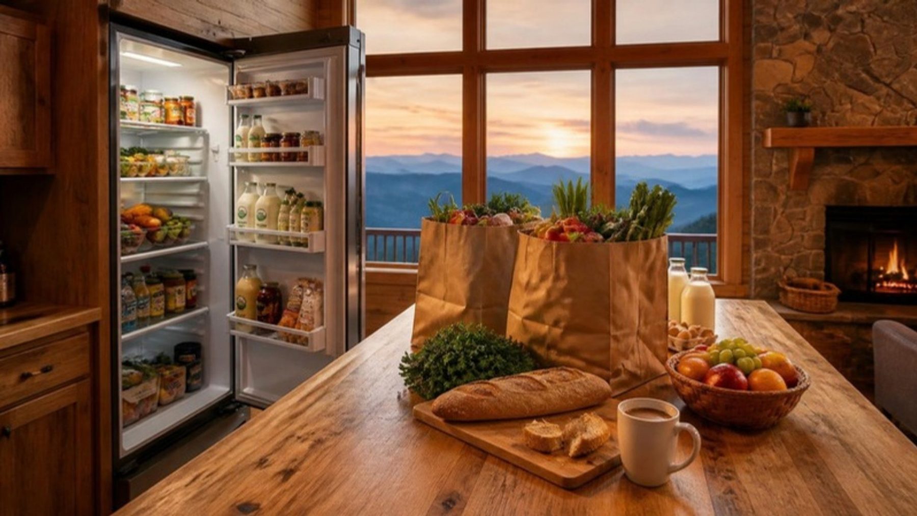 Freshly stocked cabin kitchen with grocery bags on a wood counter and an open, full refrigerator, mountain sunset through the windows