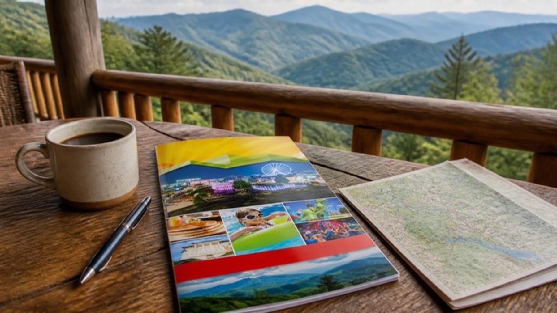 Colorful printed coupon booklet and folded area map on a cabin porch table with a coffee mug, Smoky Mountain ridges beyond