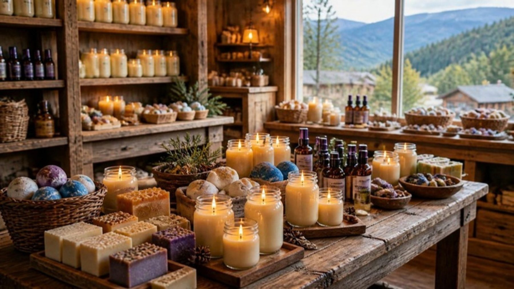 Wooden shelves and tables of jarred soy candles, soap bars and bath bombs in a small shop with a window view of mountain ridges