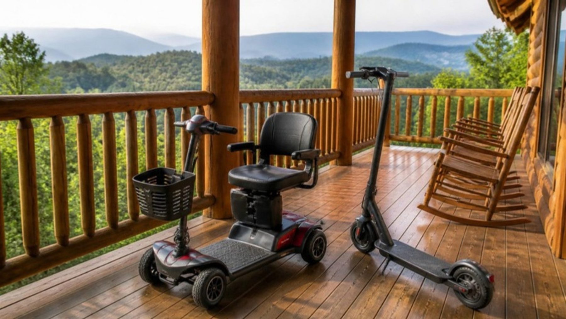 A mobility scooter and a stand-up electric scooter parked on a log cabin porch with rocking chairs and mountain views