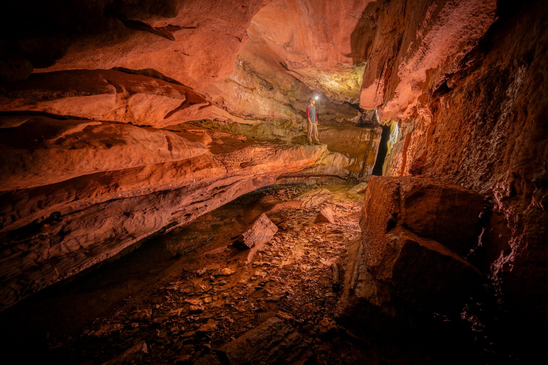 Caver with a headlamp standing in a wide, rust-colored limestone passage on a wild cave tour
