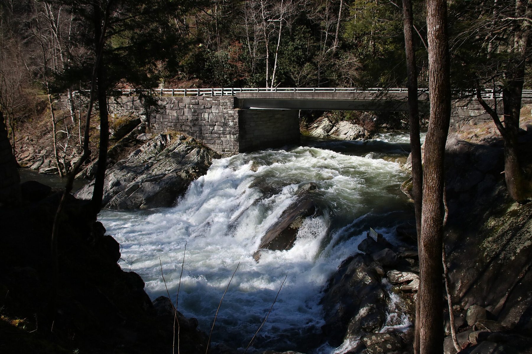 Whitewater of the Little River rushing over boulders at The Sinks, below the stone Little River Road bridge