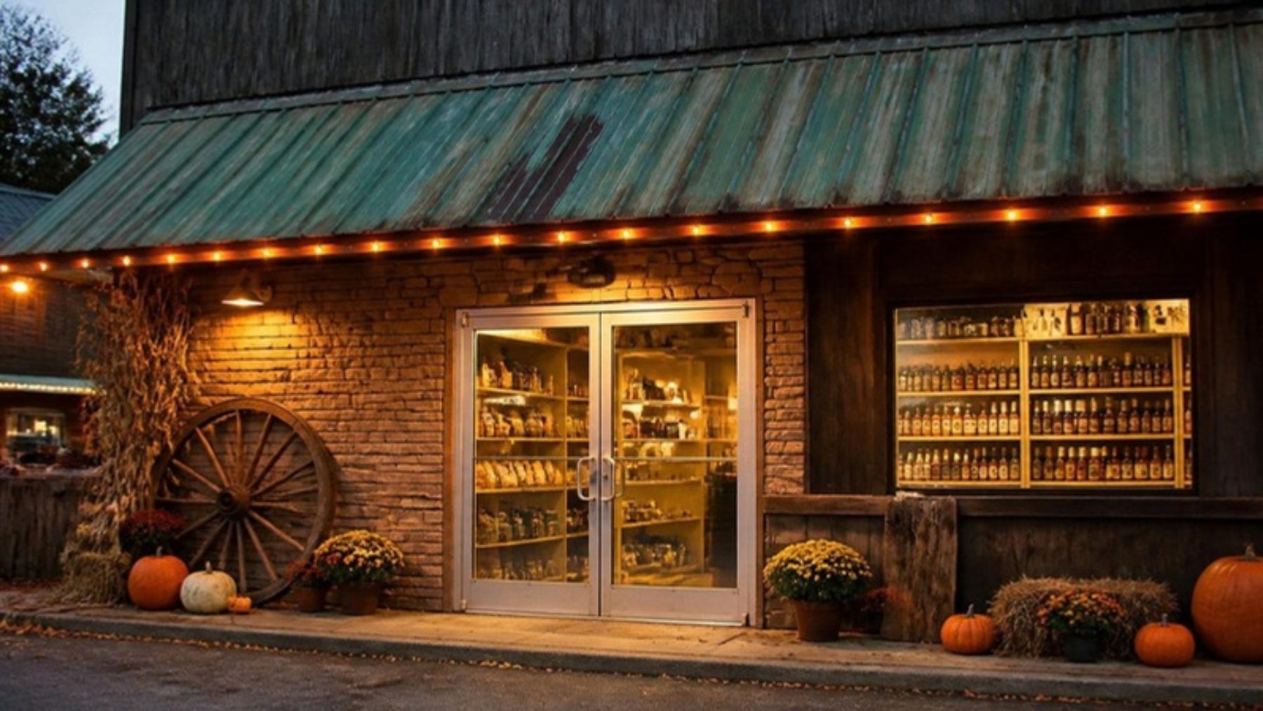 Rustic snack shop storefront at dusk with a green metal awning, warm string lights, glass doors, shelves of nuts inside and autumn pumpkins by the entrance